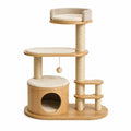 Arbre à chat multiniveau en bois naturel, beige et sisal avec niche, 100 × 50 × 140 cm