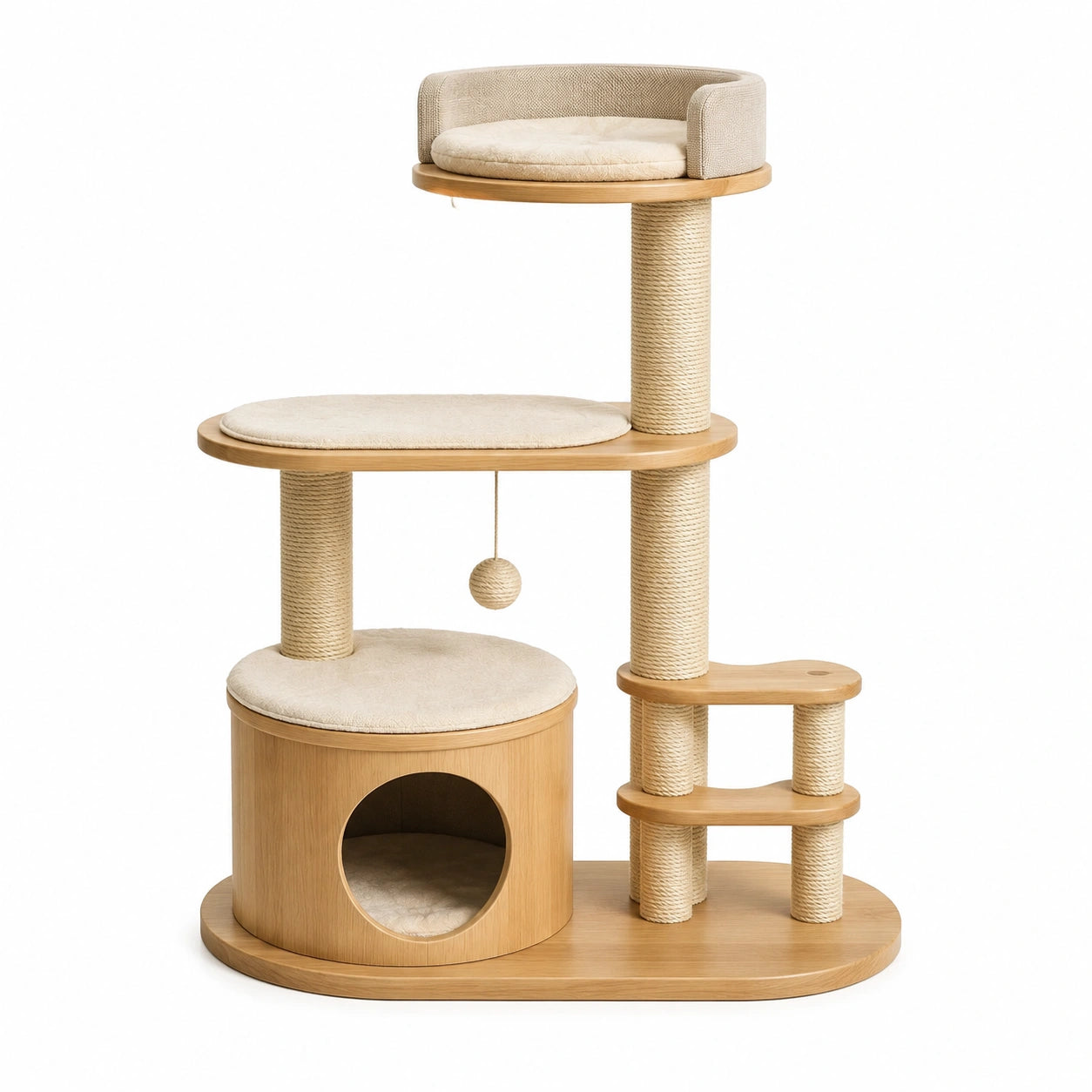 Arbre à chat multiniveau en bois naturel, beige et sisal avec niche, 100 × 50 × 140 cm