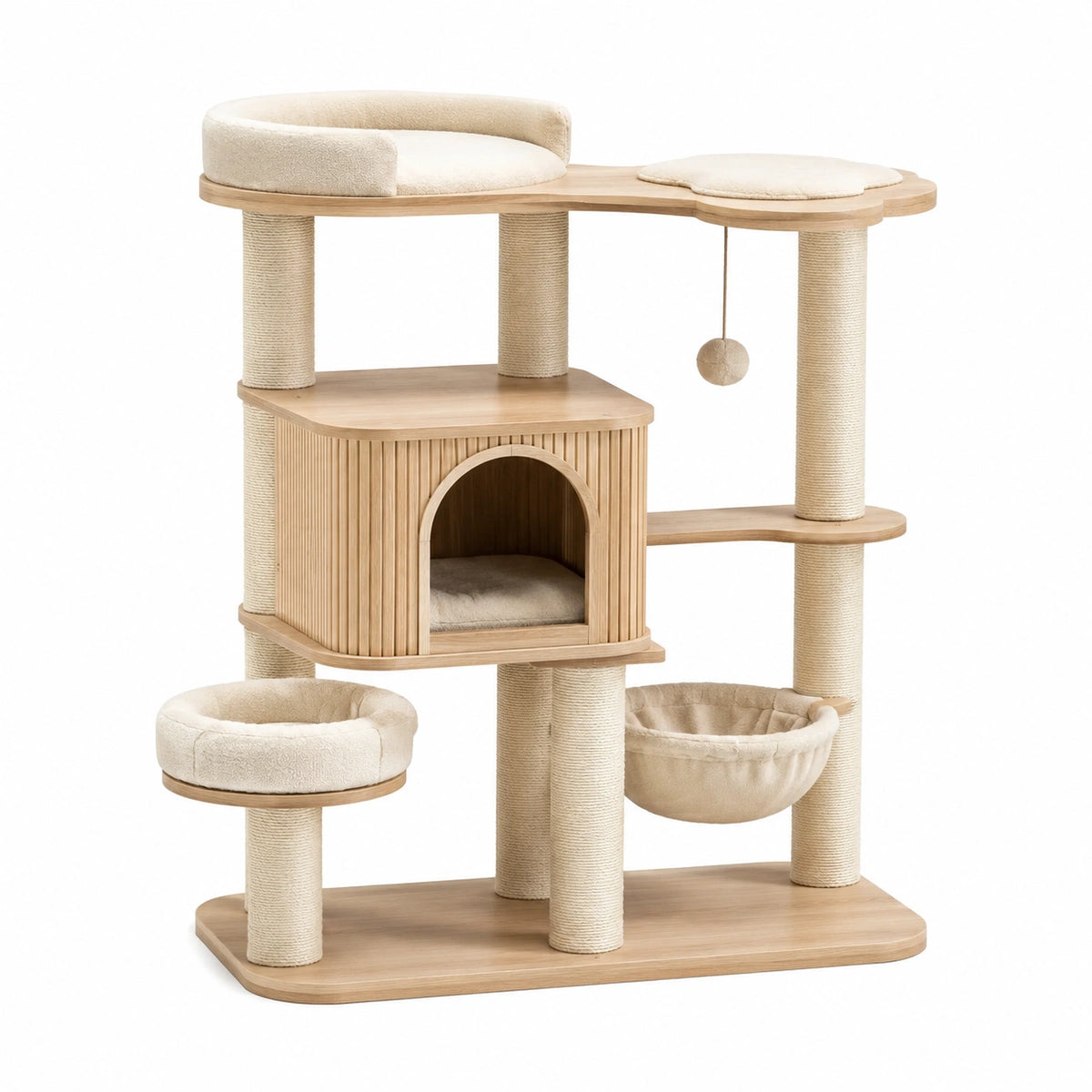 Arbre à chat en bois beige et marron clair avec griffoirs, niches et couchages, 120 × 60 × 150 cm