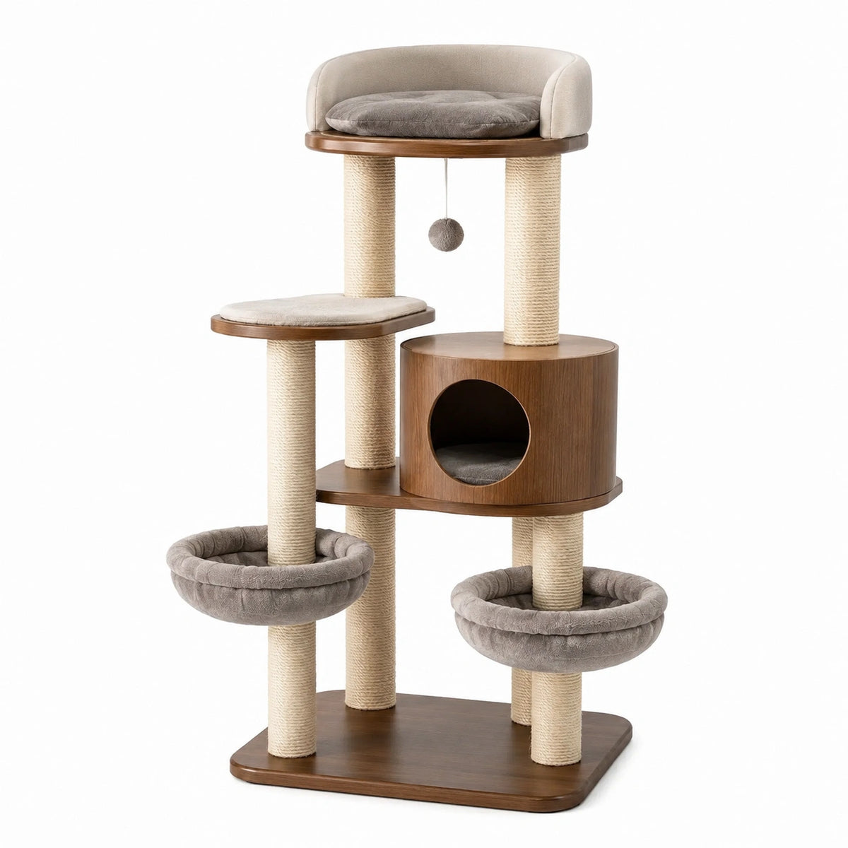 Arbre à chat multiniveau brun, beige et gris 85 × 60 × 150 cm avec niche, paniers et poteaux en sisal