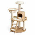 Arbre à chat en bois naturel et sisal beige avec niche, hamac, griffoirs et plateformes, 95 × 60 × 145 cm