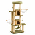 Arbre à chat multiniveau vert olive, beige, naturel et transparent, 105 × 60 × 190 cm, avec 2 niches, 2 bulles, hamac et griffoirs