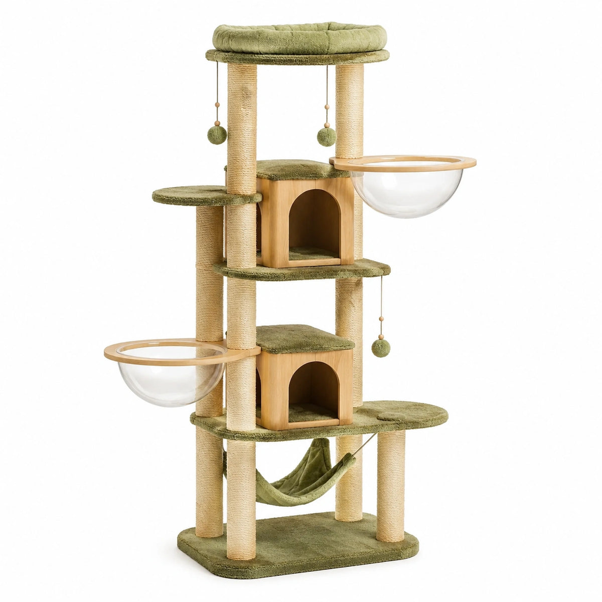 Arbre à chat multiniveau vert olive, beige, naturel et transparent, 105 × 60 × 190 cm, avec 2 niches, 2 bulles, hamac et griffoirs