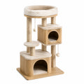 Arbre à chat en bois, sisal et peluche beige et naturel, 60 × 50 × 135 cm, 2 niches et couchage surélevé