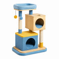 Arbre à chat 80 × 50 × 120 cm bleu, jaune, beige et bois naturel avec 2 niches, couchage surélevé et poteaux en sisal