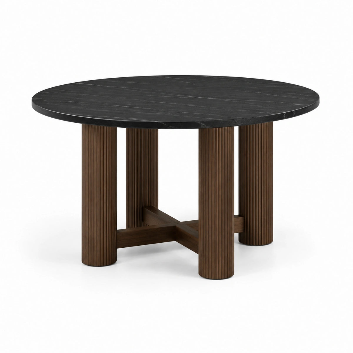 Table à manger ronde Ø 120 × H 75 cm, plateau noir effet marbre et pieds cannelés marron foncé