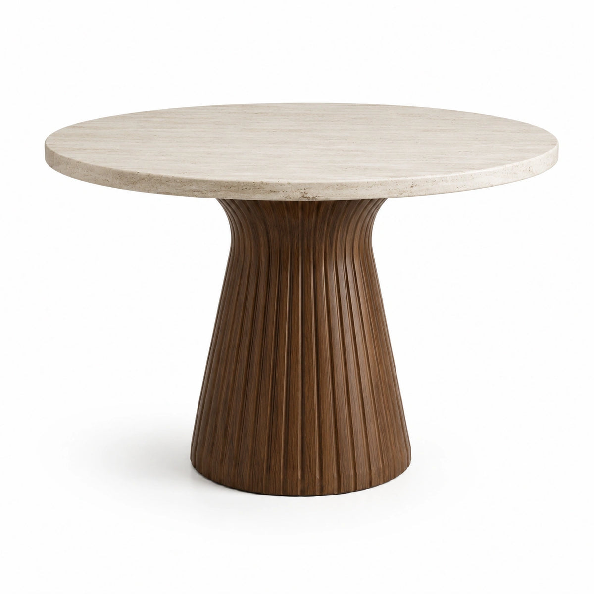 Table à manger ronde en travertin beige et bois brun avec pied central cannelé, Ø 120 × H 76 cm