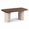 Table à manger en bois brun et travertin beige, 160 × 80 × 76 cm