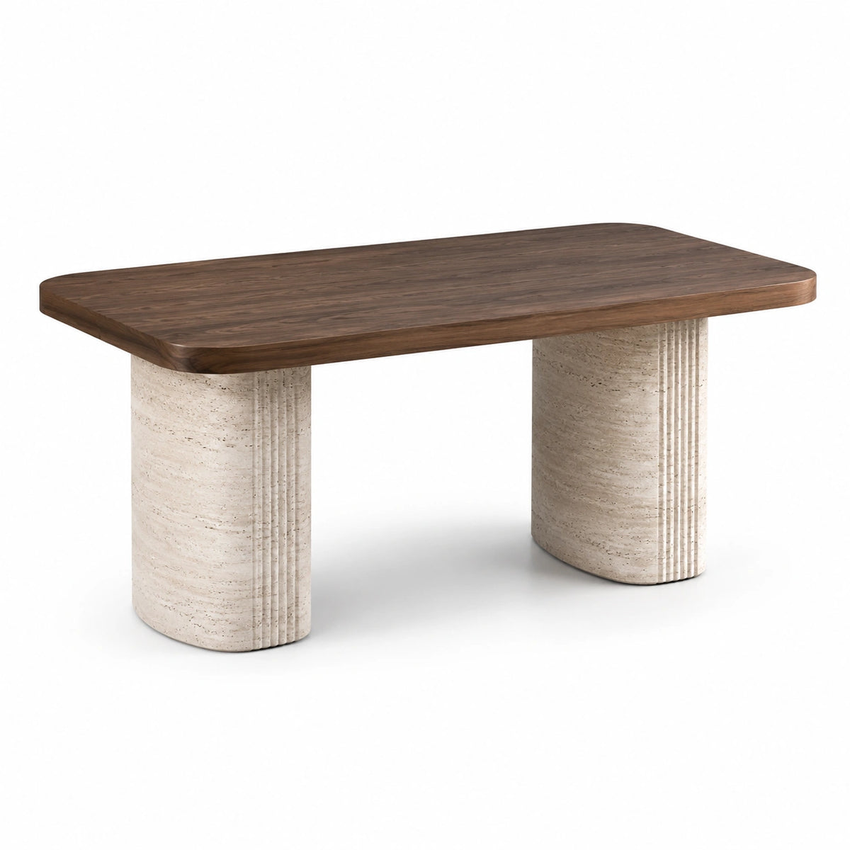 Table à manger en bois brun et travertin beige, 160 × 80 × 76 cm