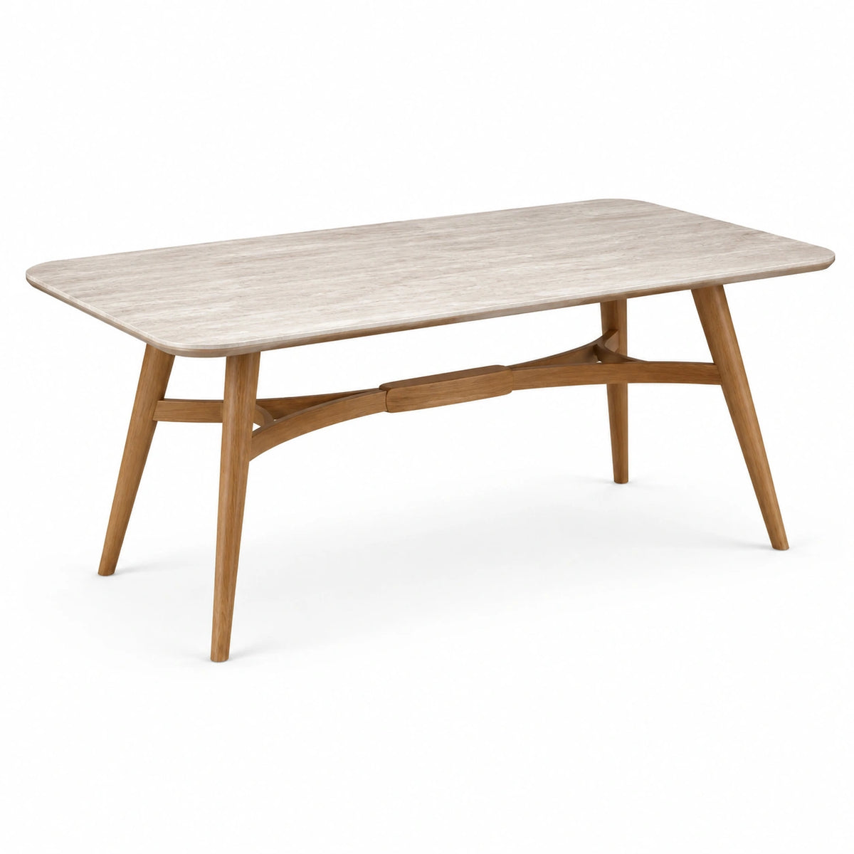 Table à manger contemporaine 160 × 90 × 75 cm, plateau effet pierre beige clair et piètement en bois marron clair