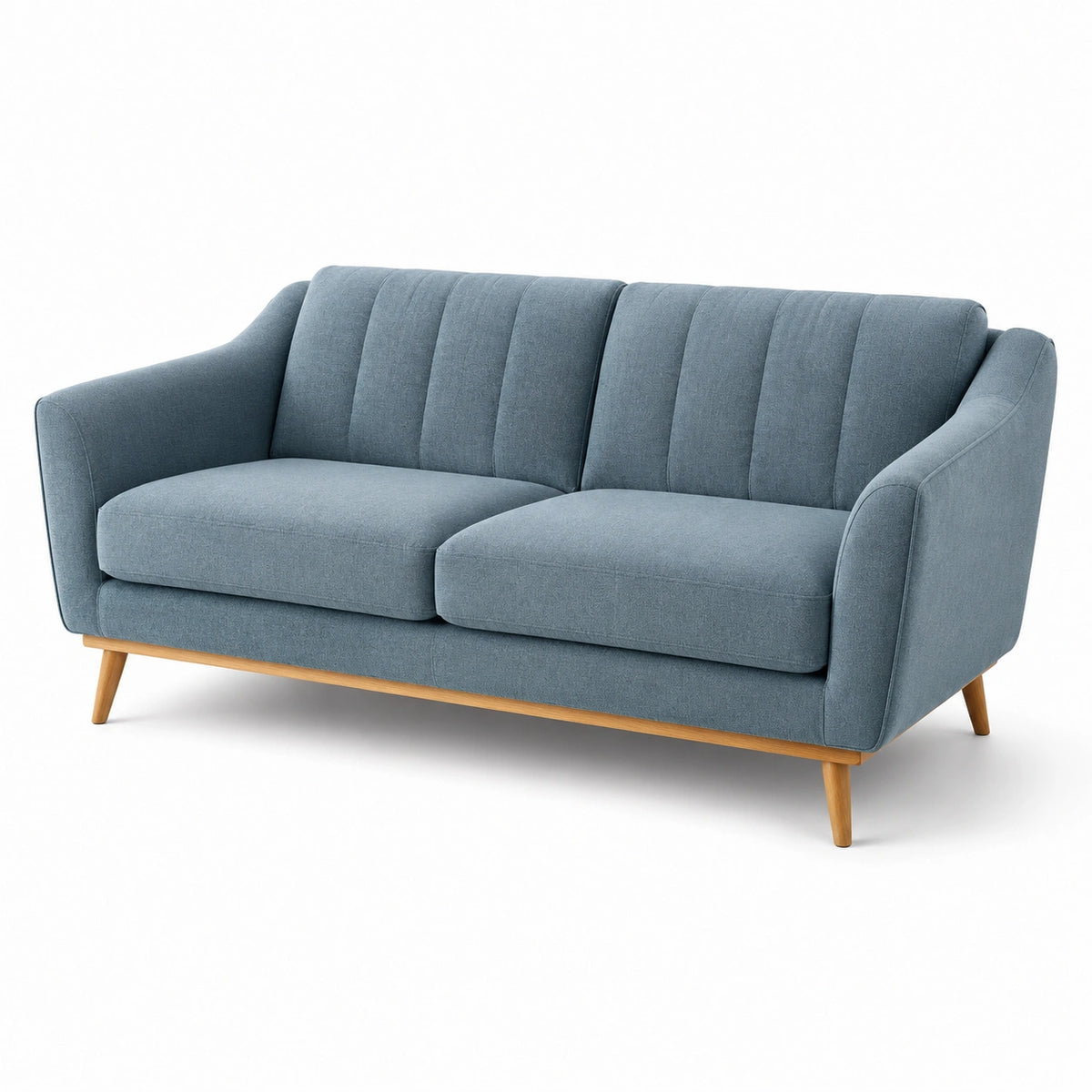 Canapé scandinave 3 places en tissu bleu et bois naturel, 200 × 85 × 85 cm