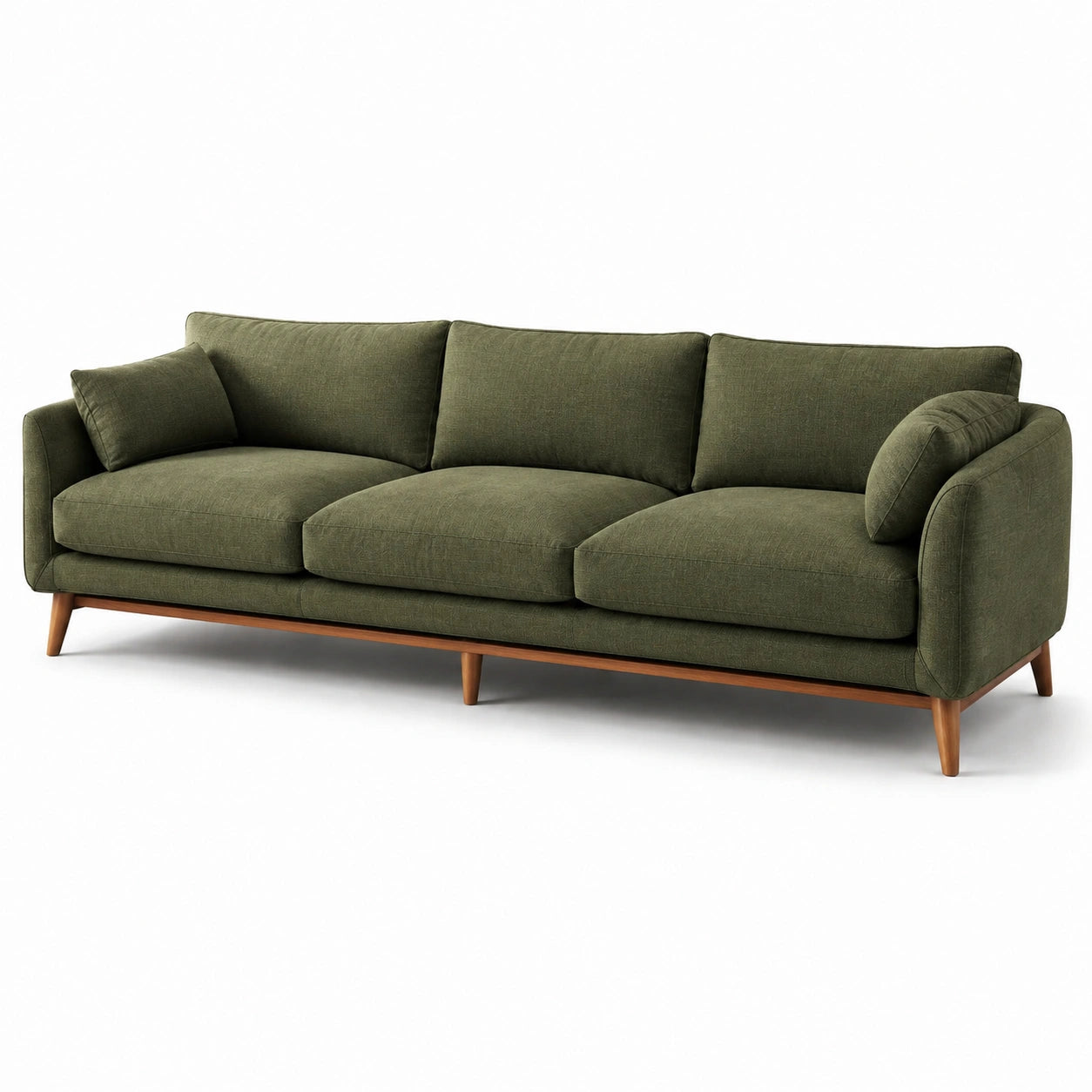 Canapé 3 places en tissu vert olive avec pieds en bois marron, 230 x 90 x 82 cm