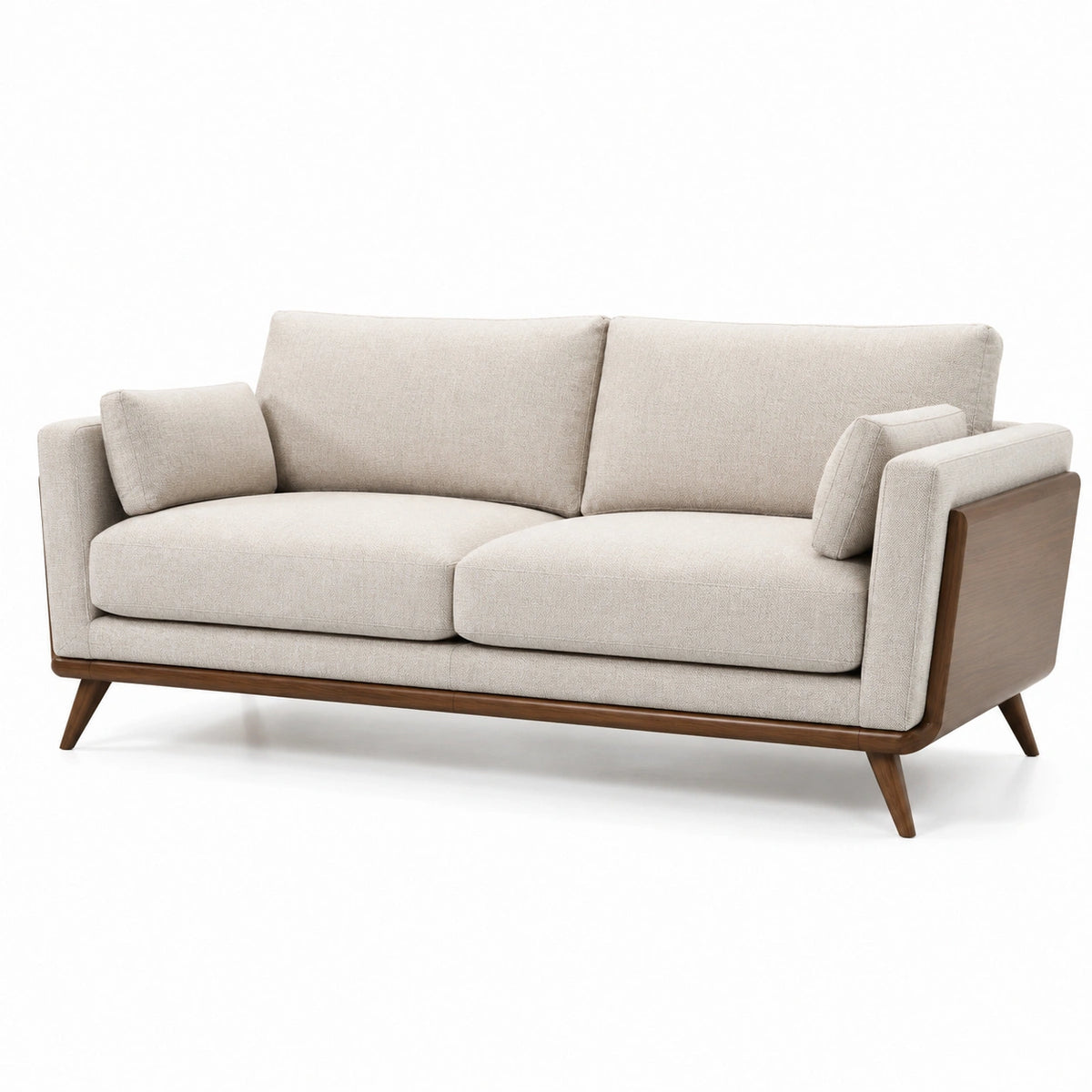 Canapé 3 places en tissu beige et bois marron, style moderne rétro, 200 × 85 × 85 cm