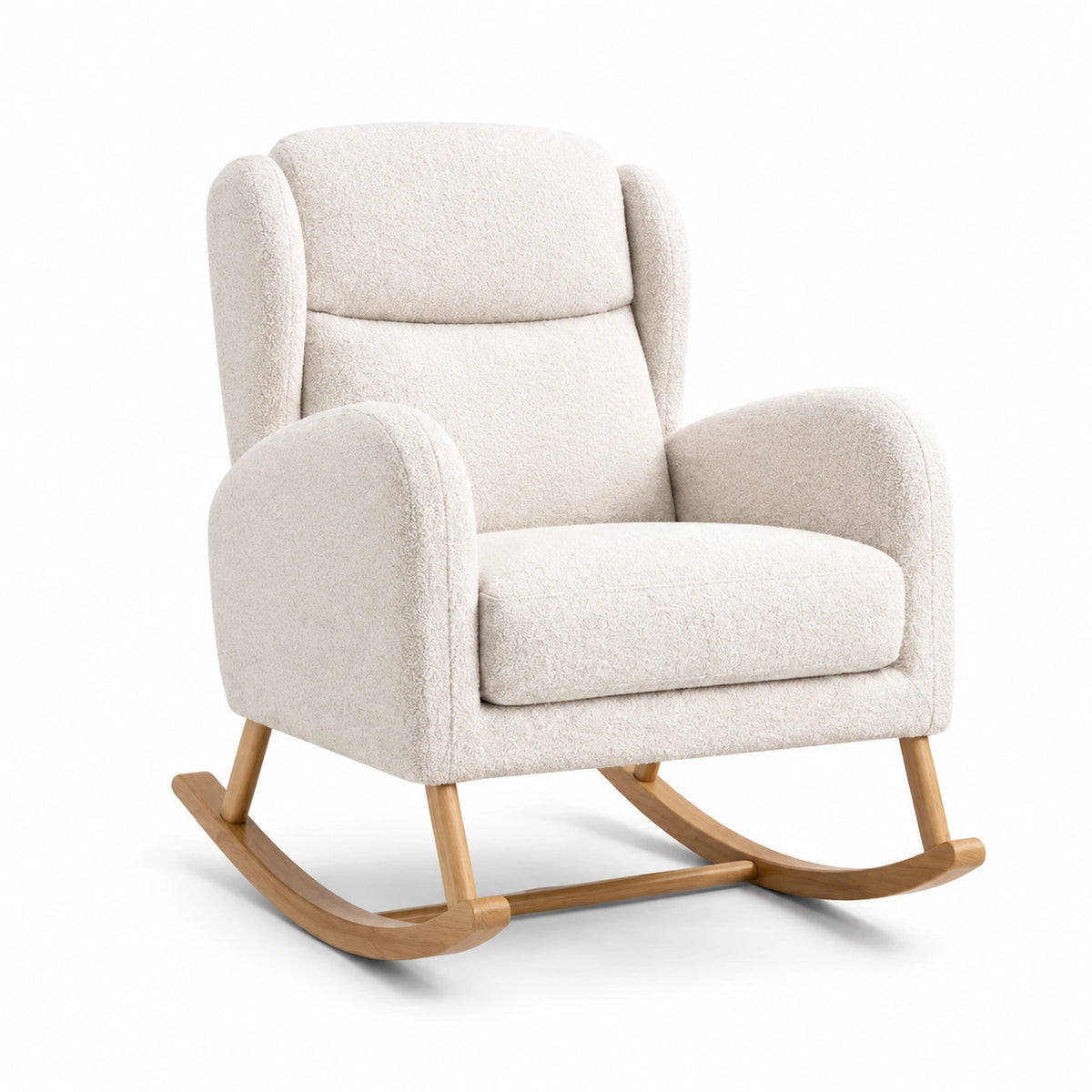 Fauteuil à bascule en tissu bouclé crème avec patins en bois marron clair, 76 × 92 × 101 cm