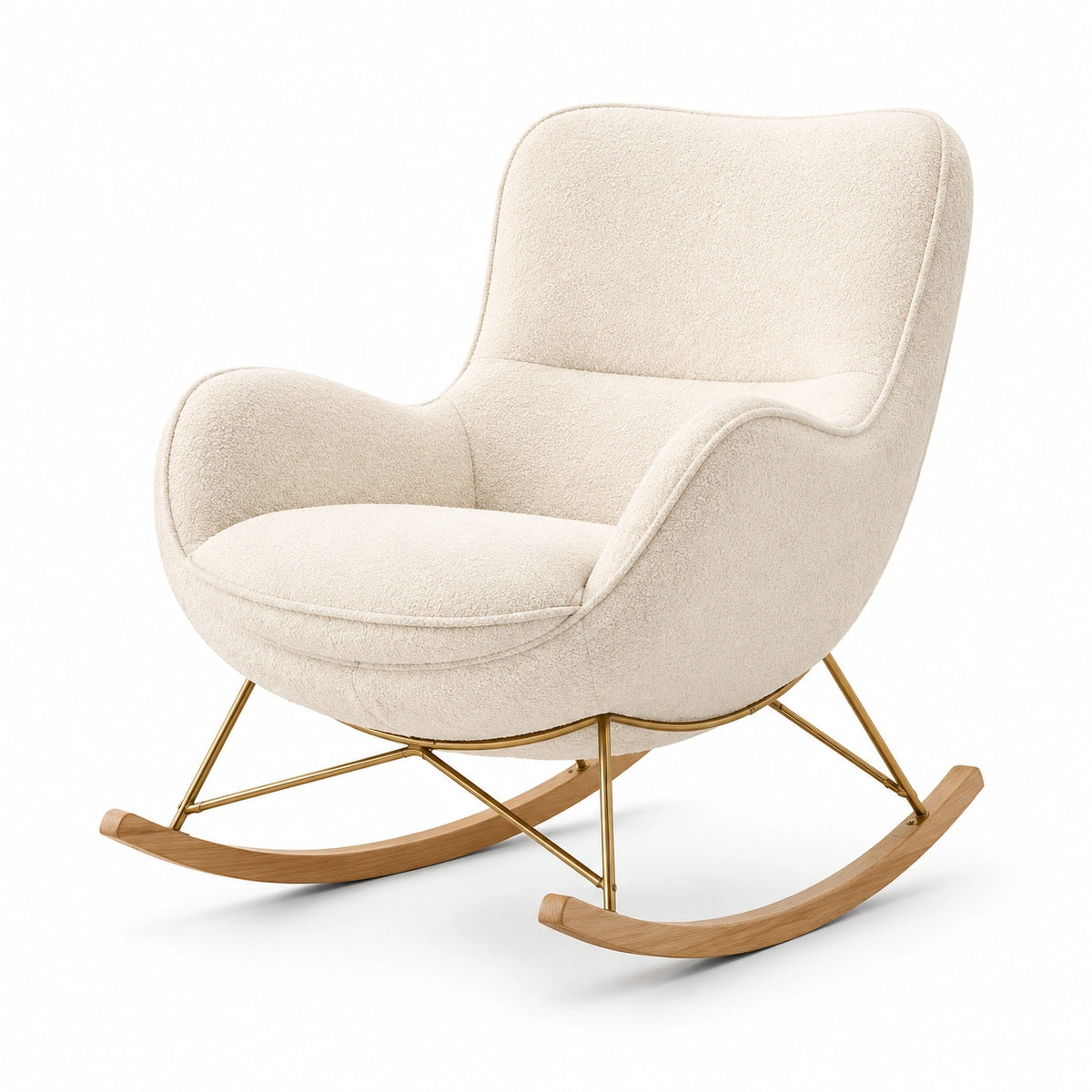 Fauteuil à bascule contemporain en tissu bouclé blanc cassé, métal doré et bois naturel, 95 × 78 × 92 cm
