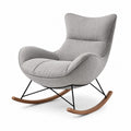 Fauteuil à bascule rembourré gris clair, structure en métal noir et patins en bois marron, 100 × 95 × 98 cm