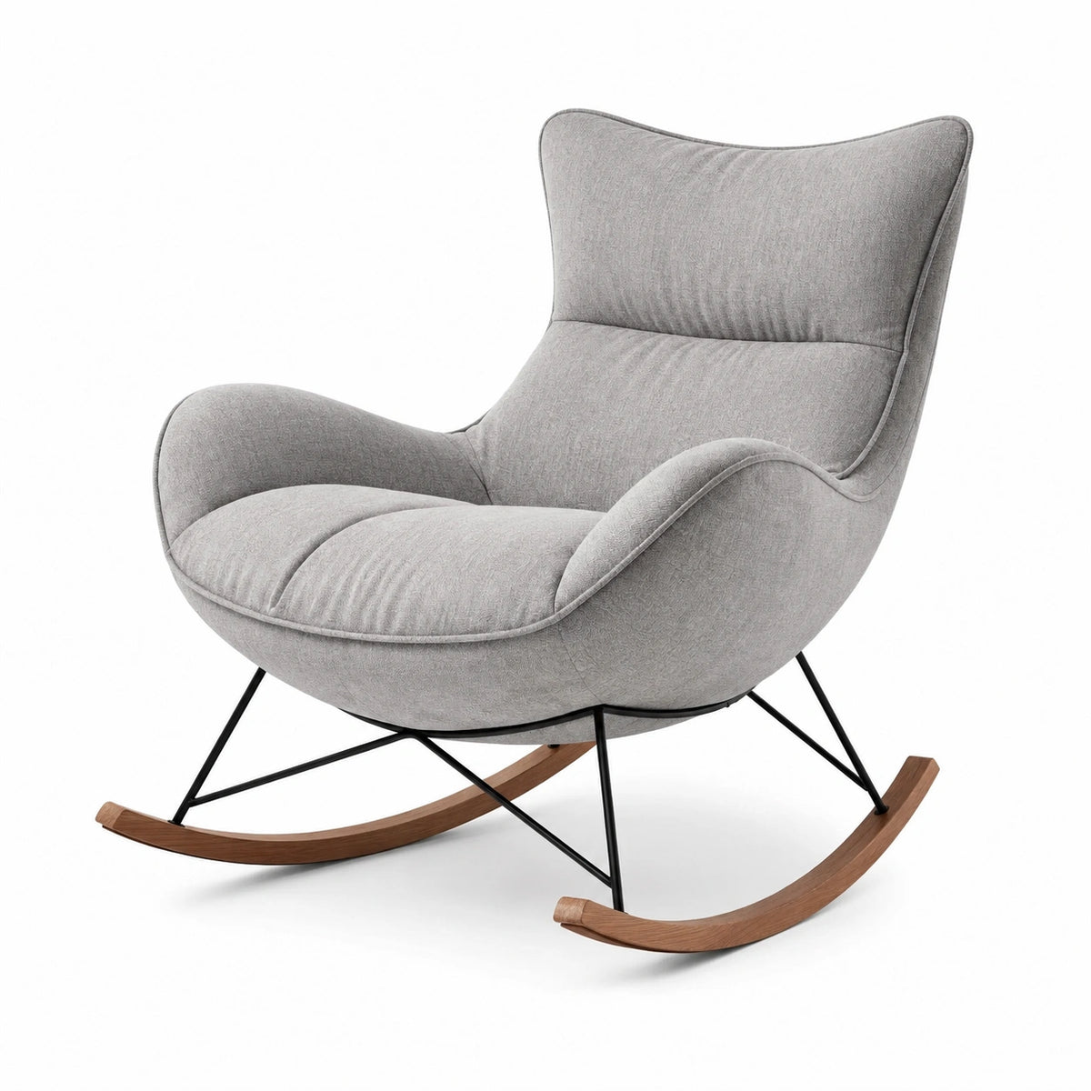 Fauteuil à bascule rembourré gris clair, structure en métal noir et patins en bois marron, 100 × 95 × 98 cm