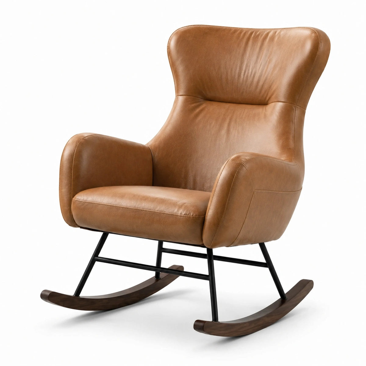 Fauteuil à bascule contemporain brun 78 × 95 × 105 cm avec structure noire et patins en bois foncé