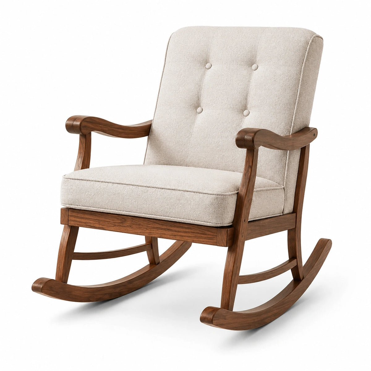 Fauteuil à bascule rétro en bois brun et tissu bouclé crème, 72 × 90 × 98 cm