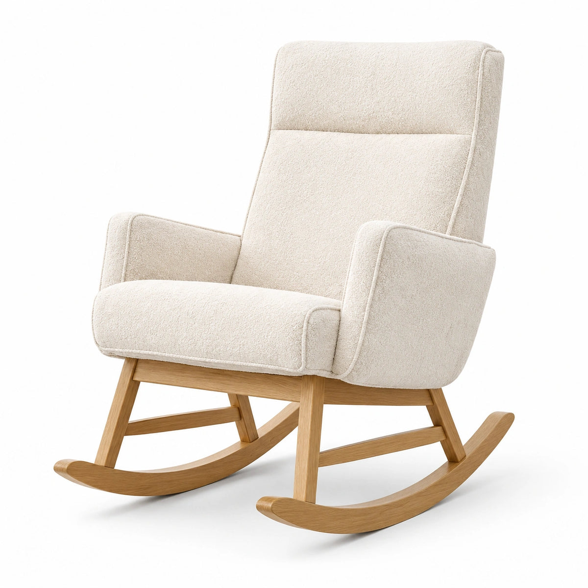 Fauteuil à bascule scandinave en tissu bouclé beige et bois naturel, 78 × 96 × 103 cm