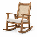 Fauteuil à bascule rétro en bois brun avec cannage naturel et assise beige, 68 × 87 × 99 cm