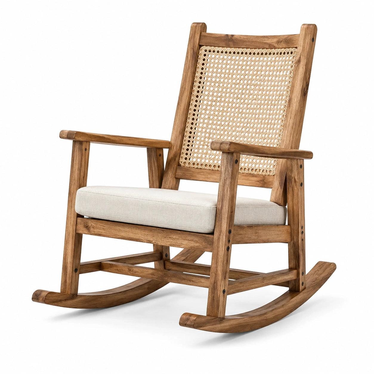 Fauteuil à bascule rétro en bois brun avec cannage naturel et assise beige, 68 × 87 × 99 cm
