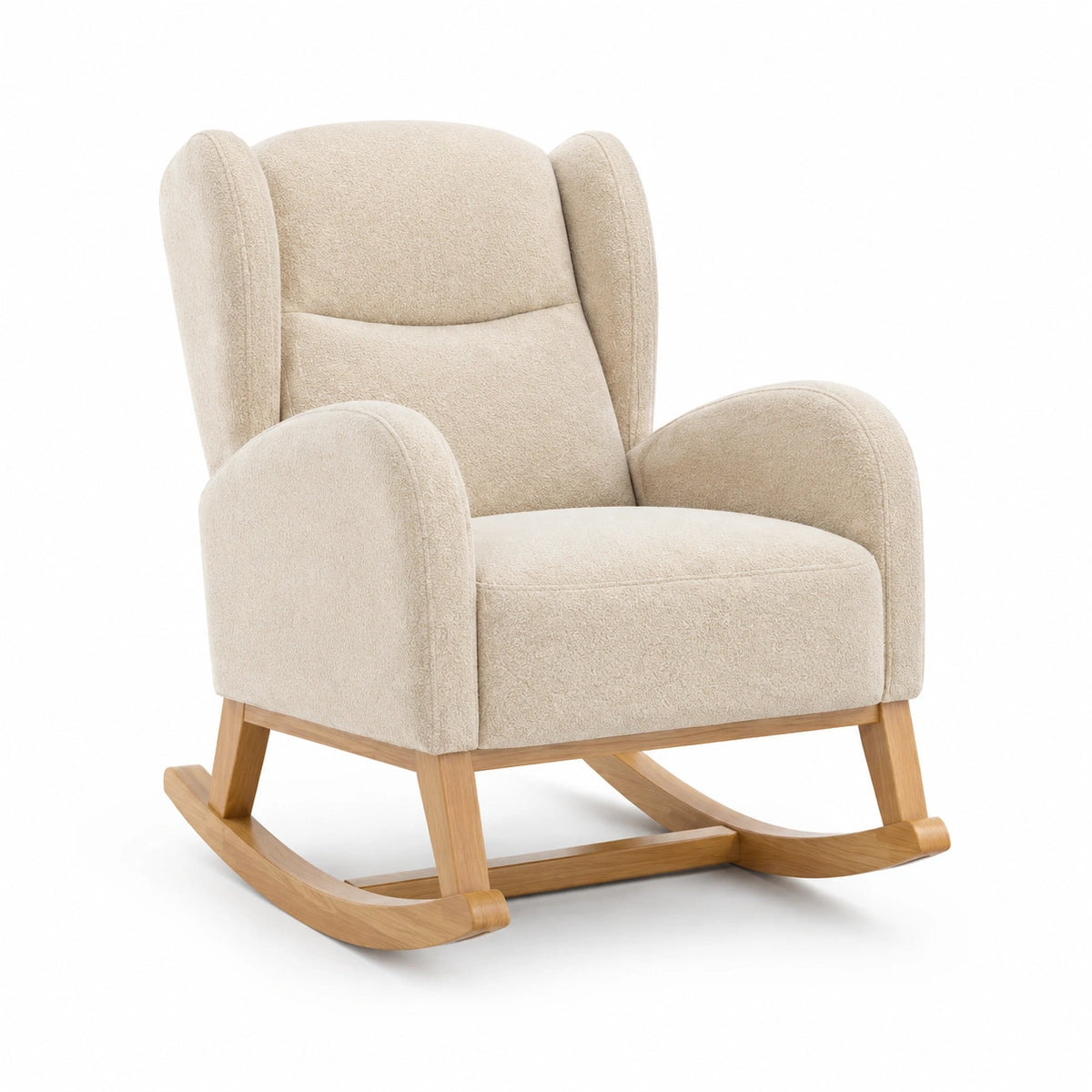 Fauteuil à bascule en tissu bouclette beige et bois naturel, 76 × 95 × 102 cm, style contemporain