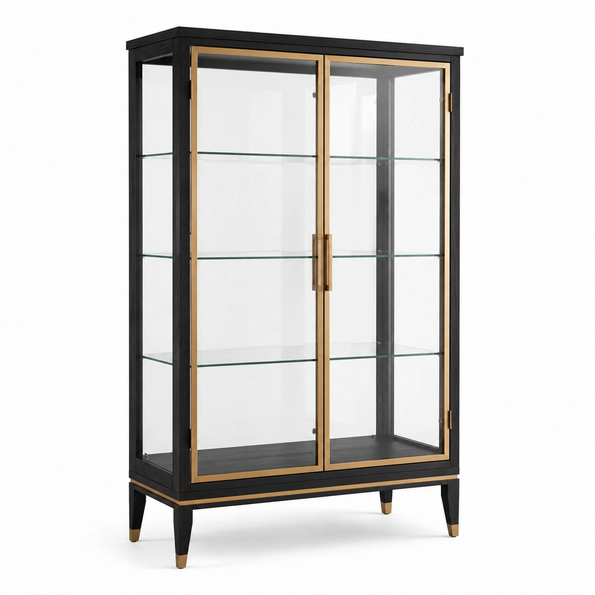 Vitrine Art déco noire et dorée 105 × 42 × 180 cm en bois, métal et verre avec 2 portes et 3 étagères