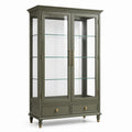 Vitrine en bois vert olive et verre avec 2 portes et 2 tiroirs, 100 x 40 x 180 cm