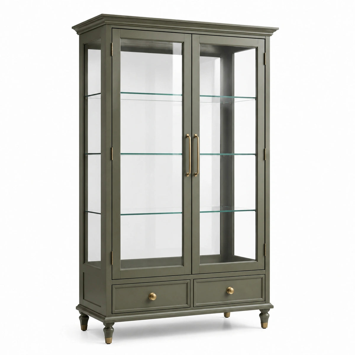 Vitrine en bois vert olive et verre avec 2 portes et 2 tiroirs, 100 x 40 x 180 cm