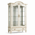 Vitrine classique en bois peint et verre, blanc cassé et doré, 115 × 45 × 210 cm, 2 portes, 3 étagères et 1 tiroir