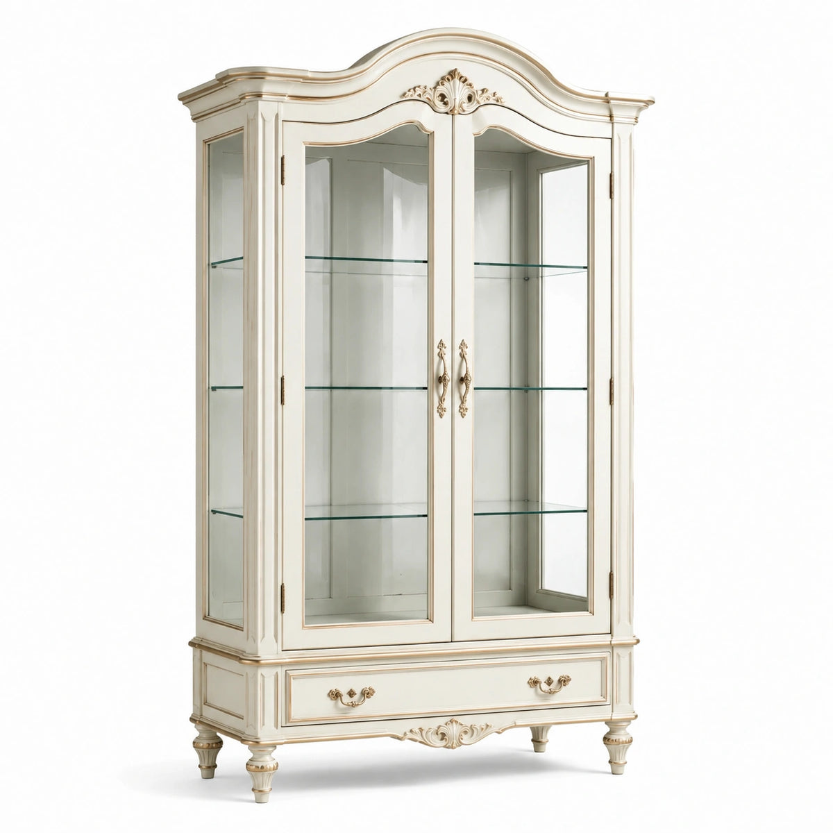 Vitrine classique en bois peint et verre, blanc cassé et doré, 115 × 45 × 210 cm, 2 portes, 3 étagères et 1 tiroir