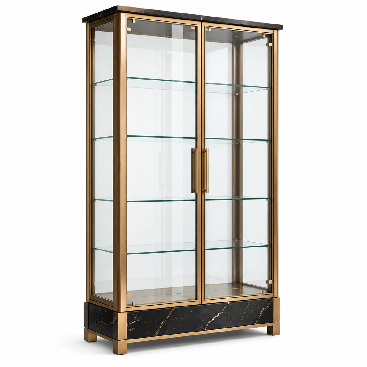 Vitrine contemporaine à 2 portes, métal doré, verre transparent et effet marbré noir, 100 × 40 × 190 cm