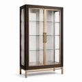 Vitrine à deux portes vitrées en bois marron foncé et métal doré, 110 × 42 × 190 cm