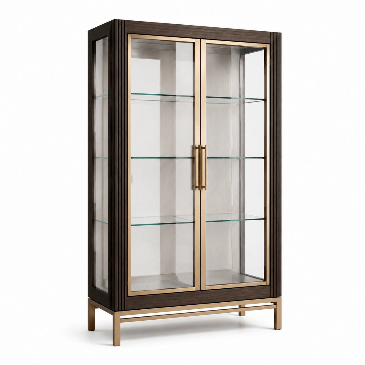Vitrine à deux portes vitrées en bois marron foncé et métal doré, 110 × 42 × 190 cm