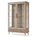 Vitrine beige en bois et verre avec 2 portes, 2 tiroirs et 3 étagères, 100 × 40 × 190 cm