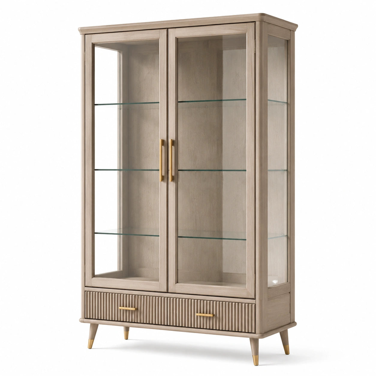 Vitrine beige en bois et verre avec 2 portes, 2 tiroirs et 3 étagères, 100 × 40 × 190 cm