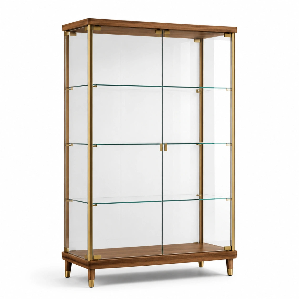 Armoire vitrine à 2 portes en bois, verre et métal, marron, doré et transparent, 100 × 40 × 180 cm