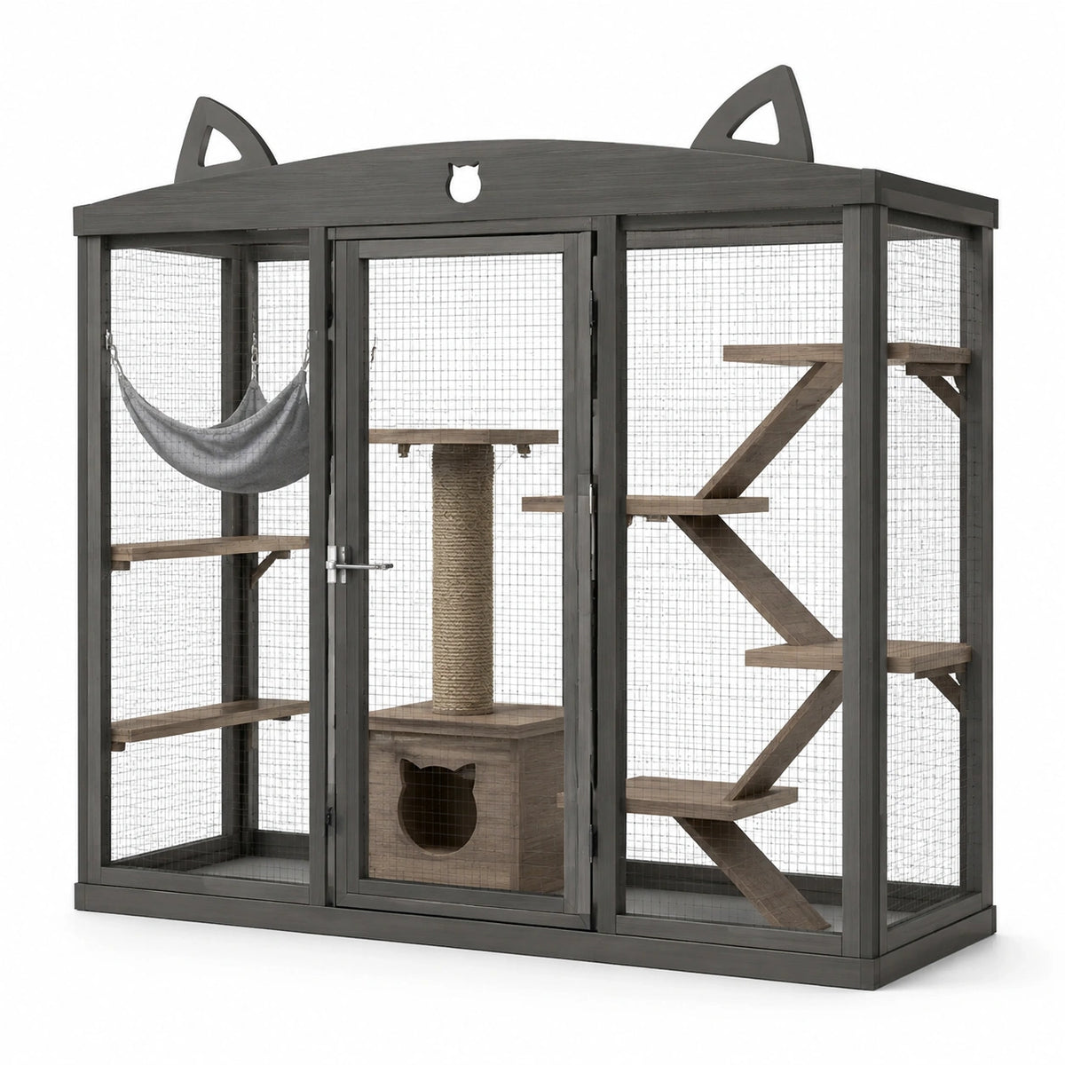 Structure en bois gris foncé avec grillage, plateformes, rampes, hamac et maisonnette, 180 × 80 × 180 cm