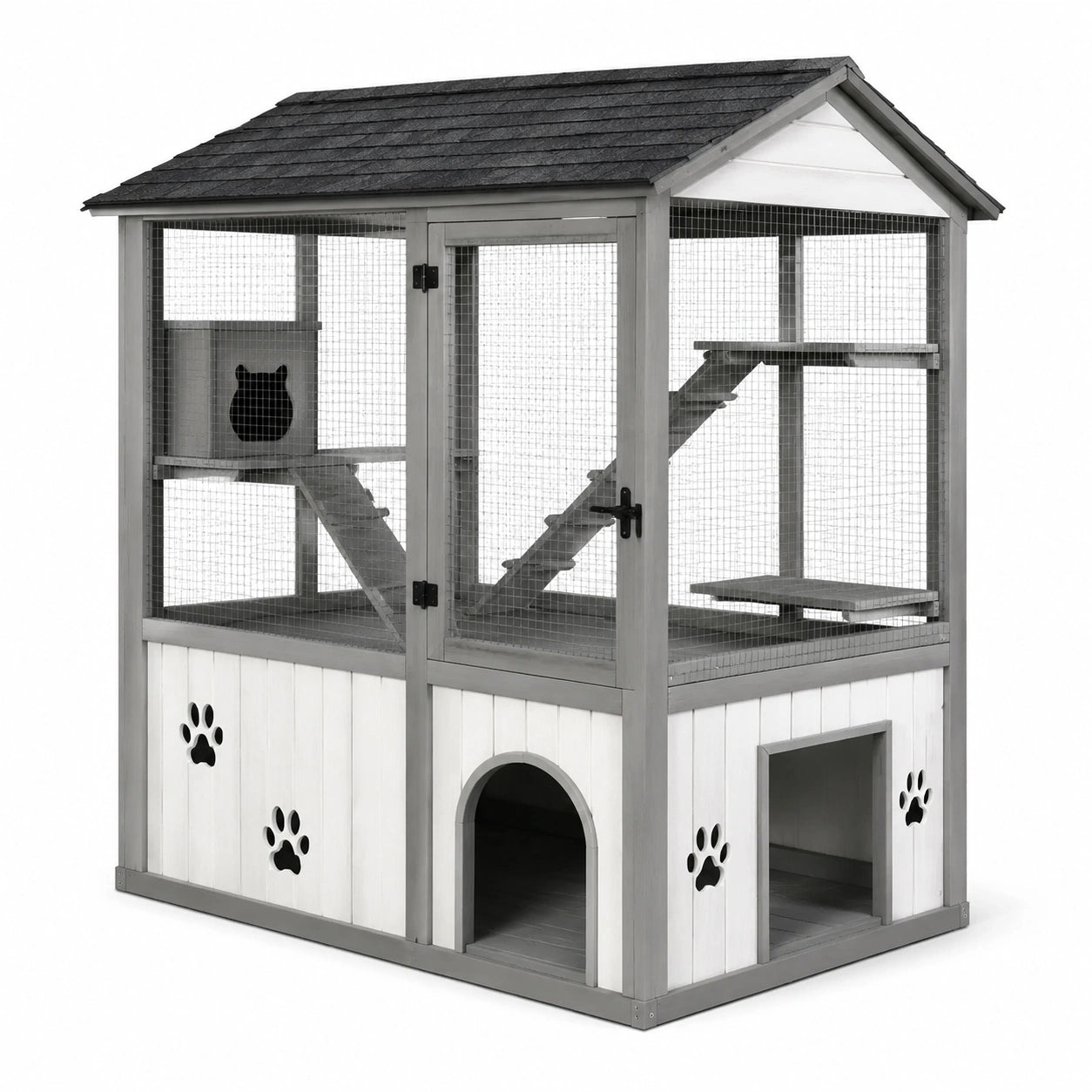 Maison pour chat à deux niveaux en bois blanc et gris, enclos grillagé et toit noir, 170 × 100 × 190 cm