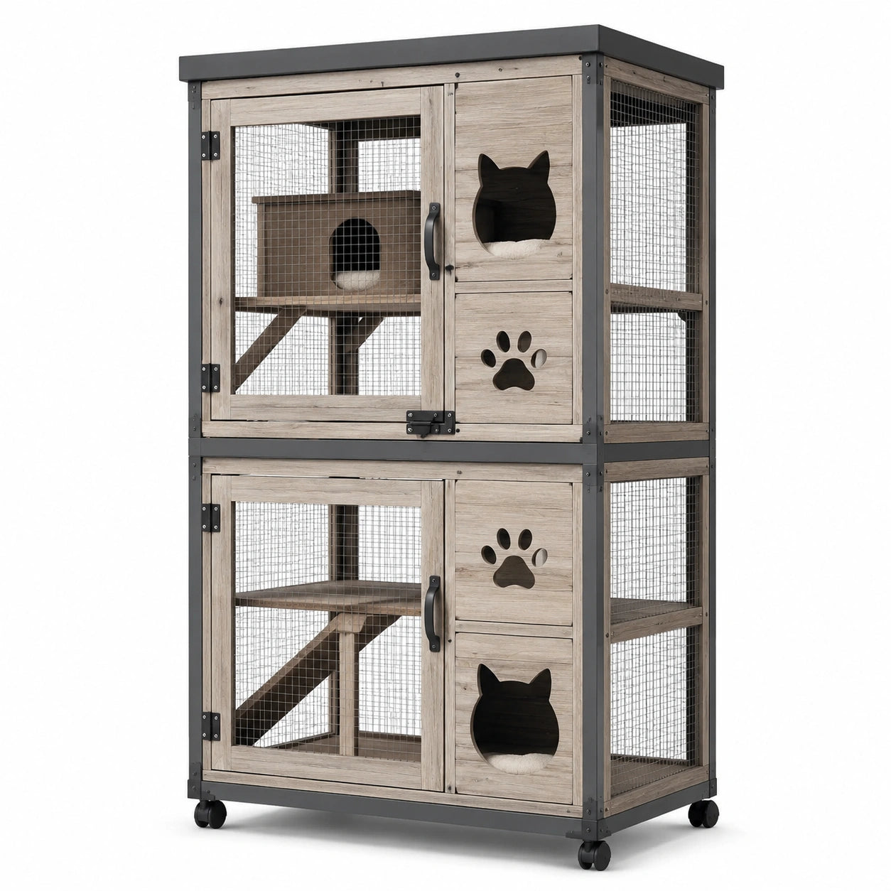 Enclos mobile multiniveau pour chat en bois clair, gris et noir, 90 × 60 × 170 cm