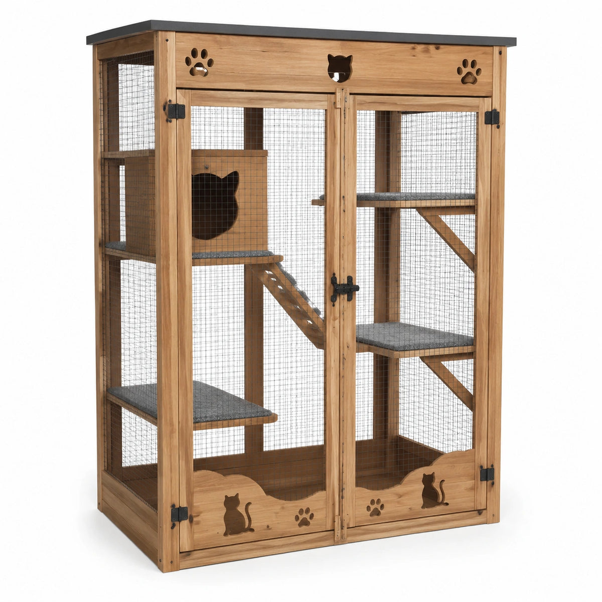 Enclos extérieur pour chat à plusieurs niveaux en bois et grillage métallique, brun naturel, noir et gris, 120 × 60 × 180 cm