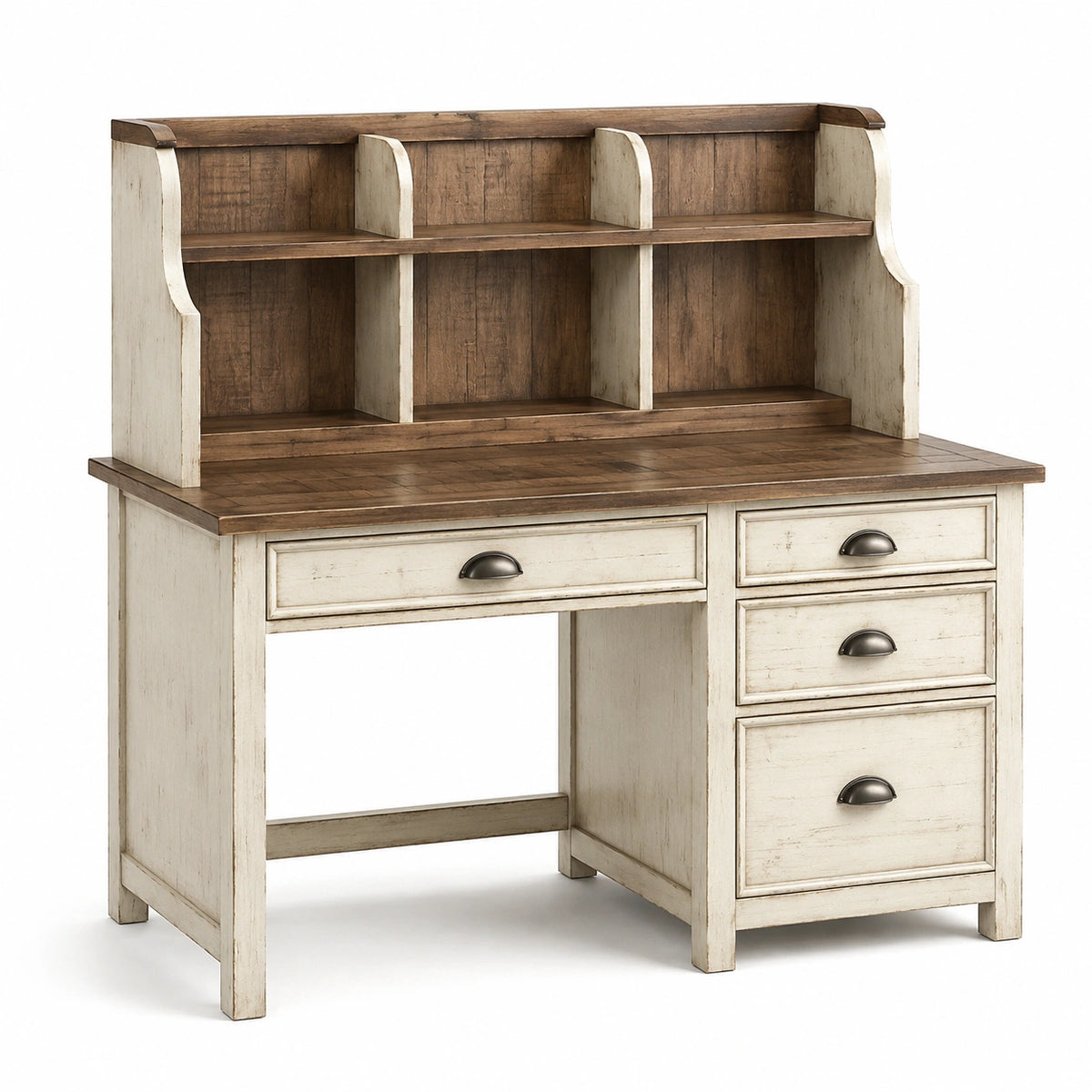 Bureau en bois blanc cassé et marron avec rangements, style campagne, 120 × 60 × 140 cm