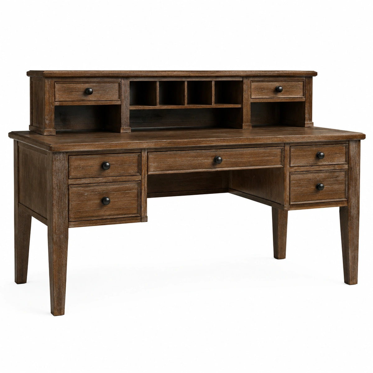Bureau secrétaire en bois brun rustique avec 7 tiroirs et rangements, 150 × 65 × 120 cm