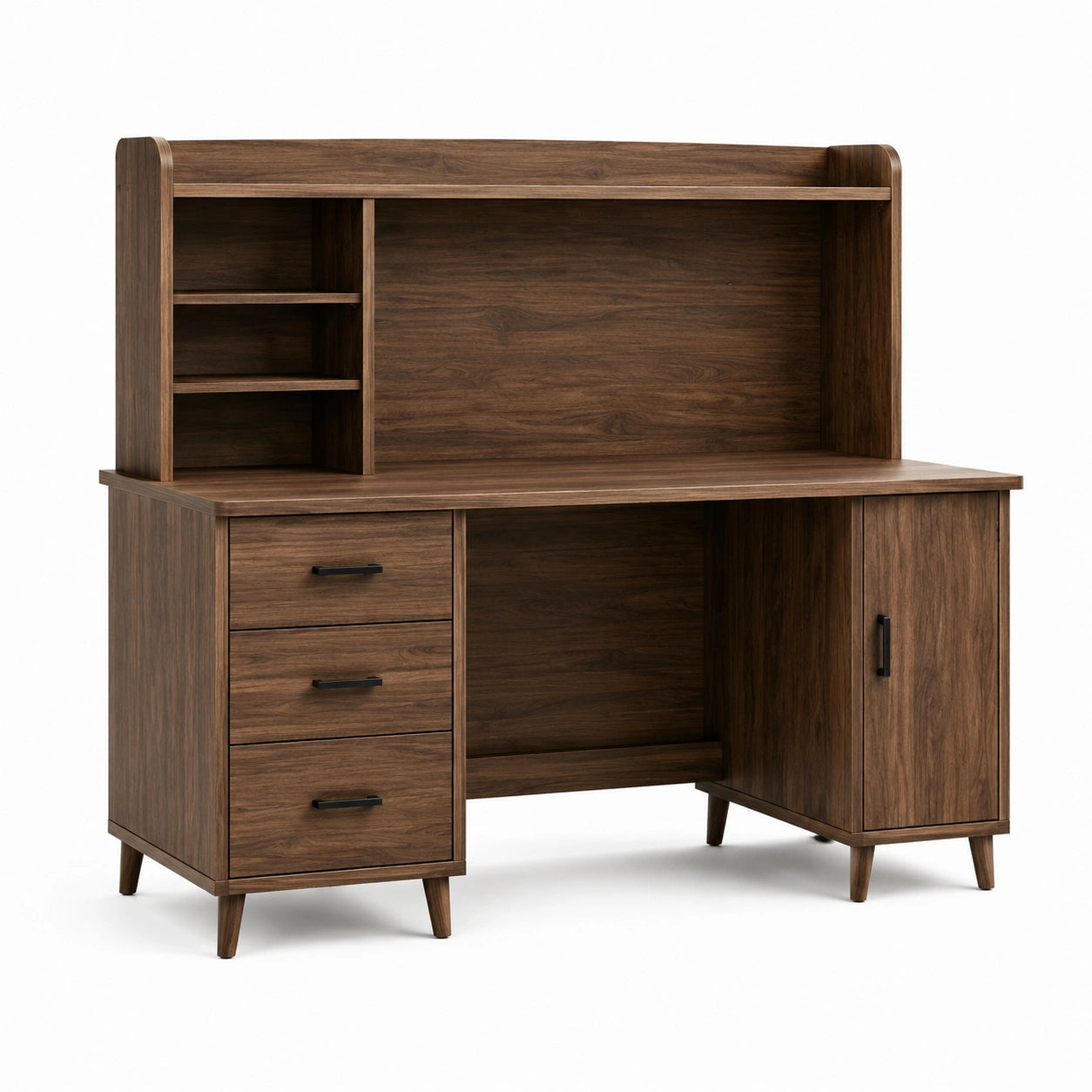 Bureau informatique moderne avec rangements, 3 tiroirs et 1 porte, 150 × 60 × 155 cm, marron effet noyer et noir