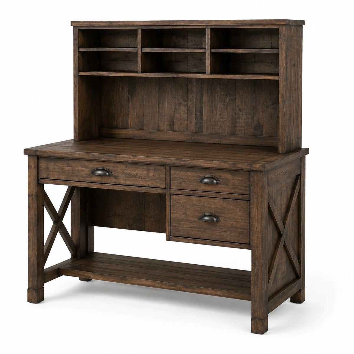 Bureau rustique avec surmeuble et rangements, 120 × 60 × 150 cm, marron foncé et noir