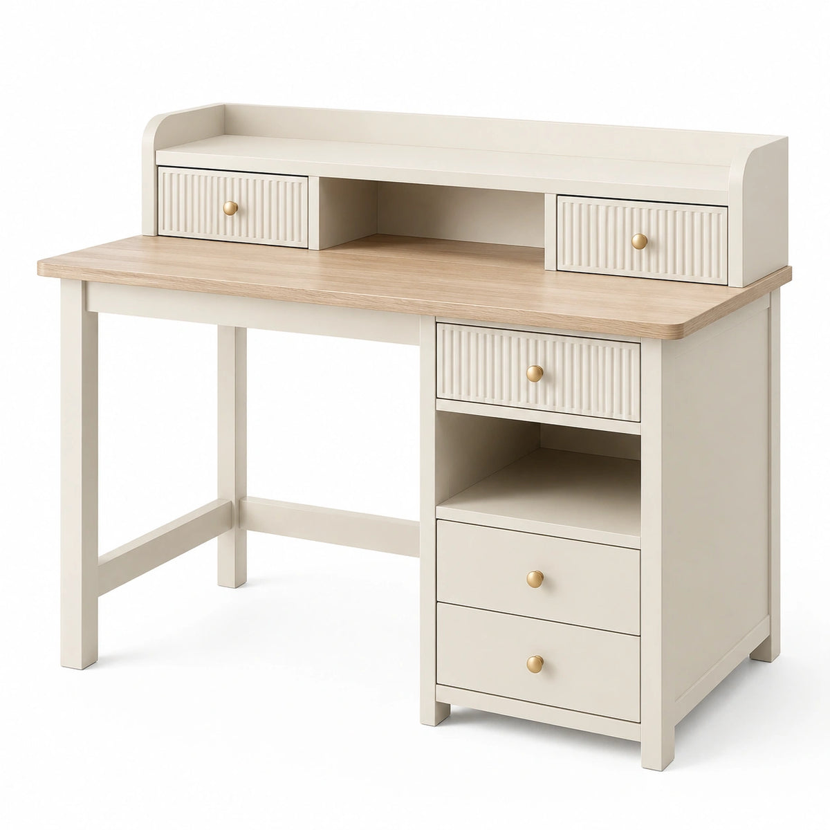 Bureau avec rangements, 5 tiroirs et 2 niches, 110 × 50 × 115 cm, blanc cassé, bois clair et doré
