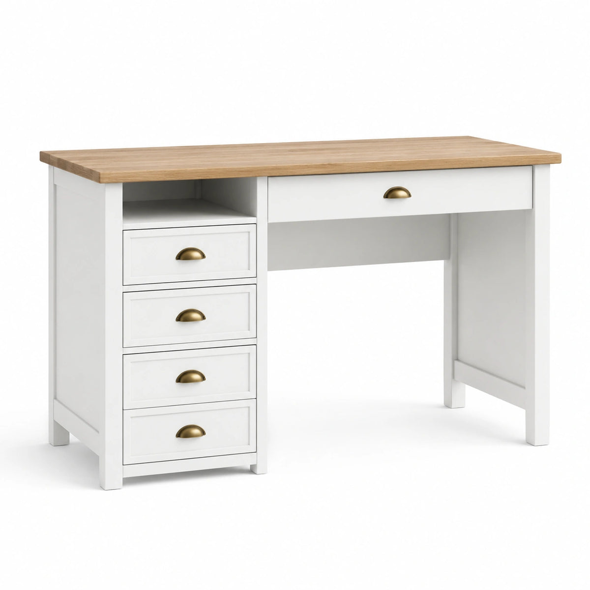 Bureau blanc et effet chêne clair avec 5 tiroirs et niche, 120 × 50 × 75 cm