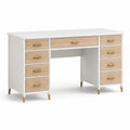 Bureau à 9 tiroirs blanc, chêne clair et doré, 140 × 60 × 76 cm
