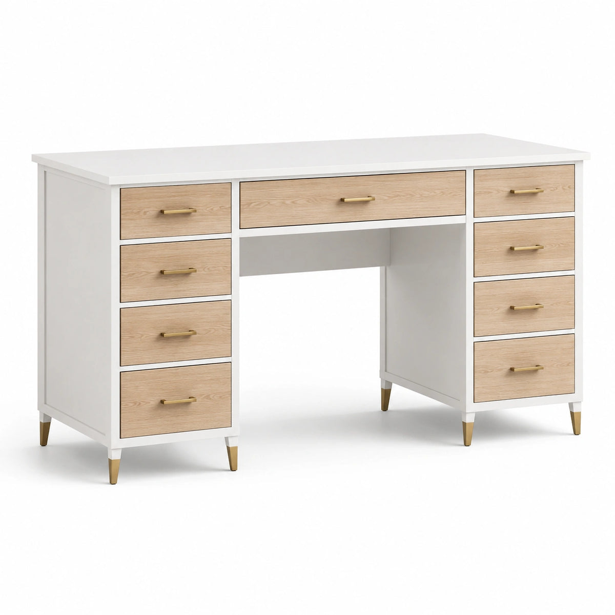 Bureau à 9 tiroirs blanc, chêne clair et doré, 140 × 60 × 76 cm